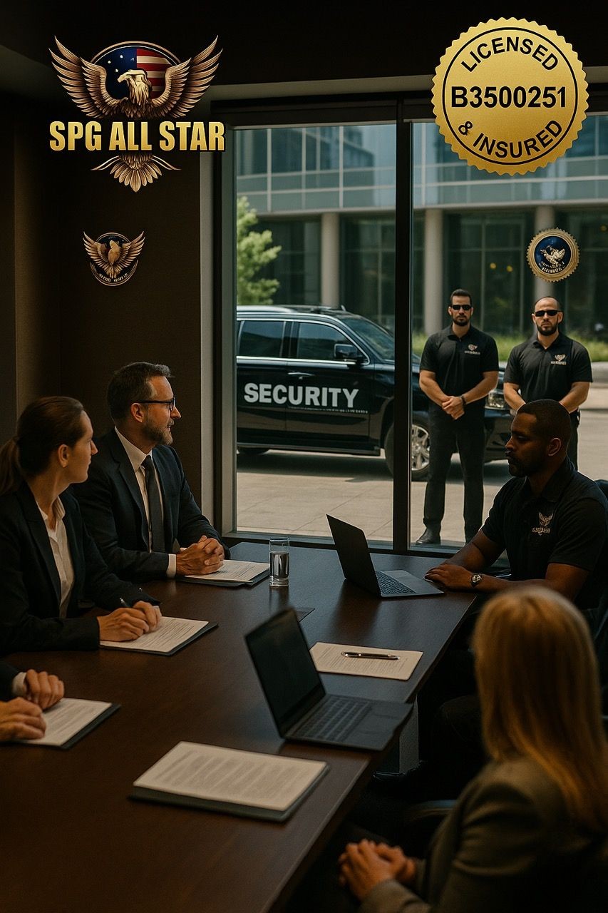 Business meeting in a conference room with security personnel and a security vehicle visible outside the glass door.