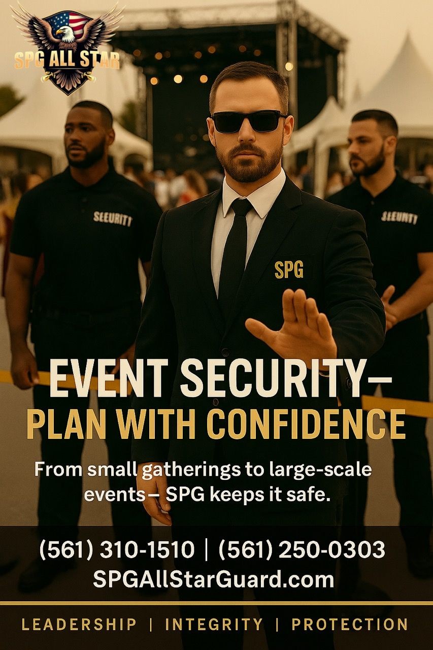 Professional security personnel at an event with text promoting SPG All Star event security services.