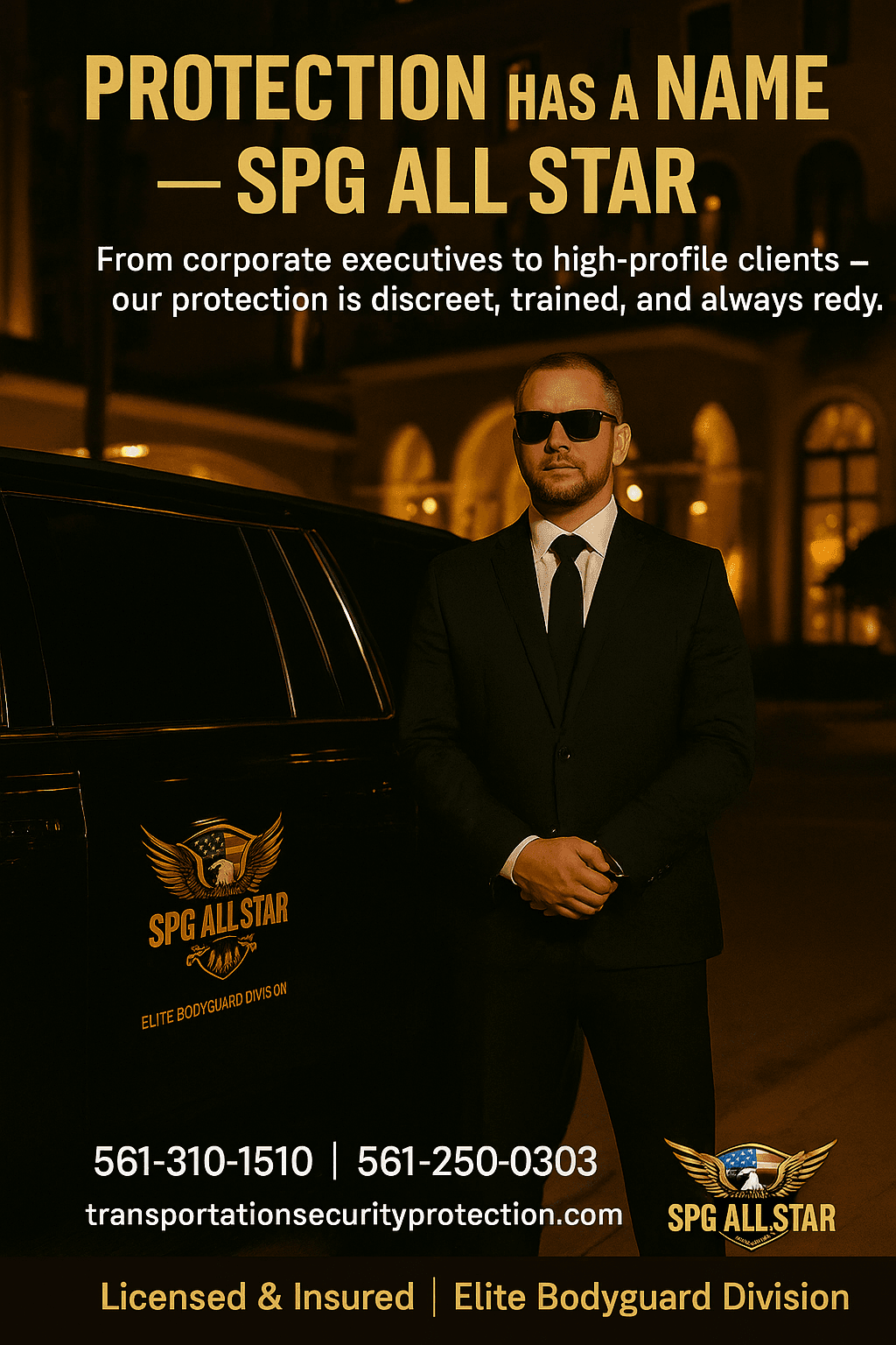 Man in suit and sunglasses standing by SPG All Star vehicle, promoting elite bodyguard services.