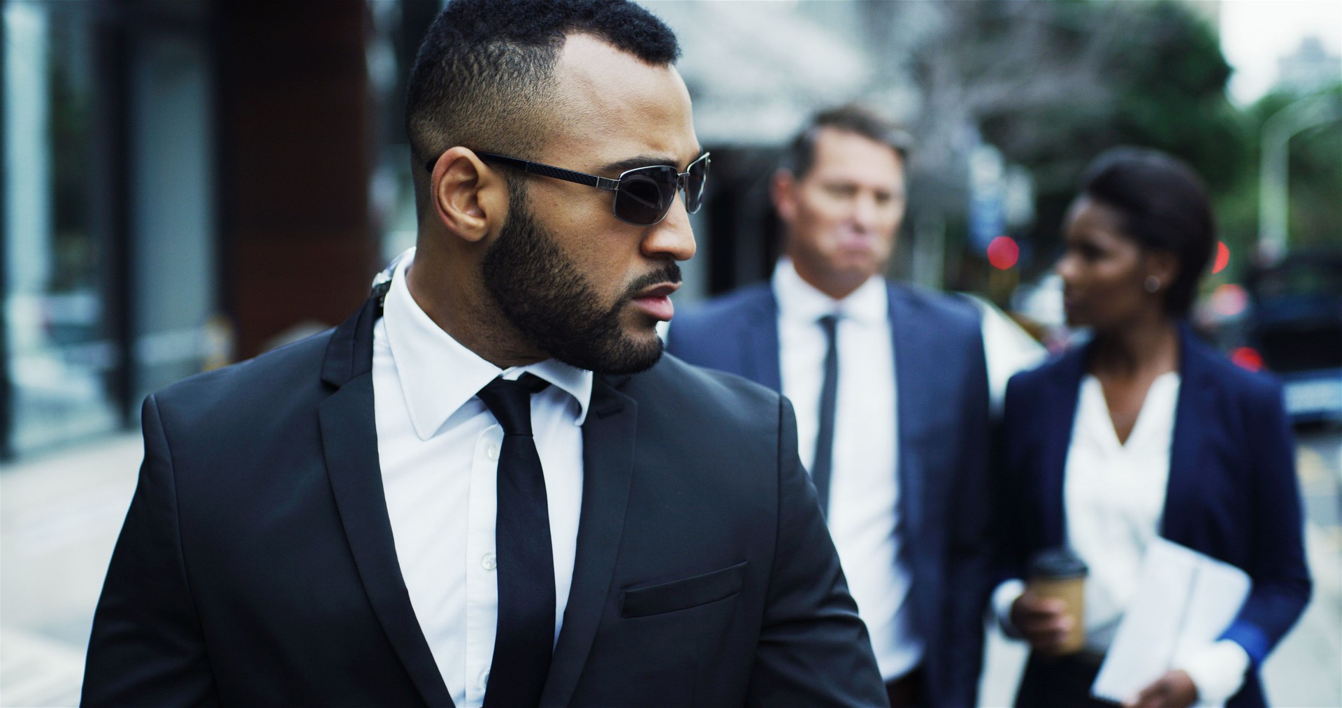 Bodyguard, walking and security for business people, protection and vip guests in city with surveillance. Secret service, client and private escort outdoor for politician, corporate worker and safety